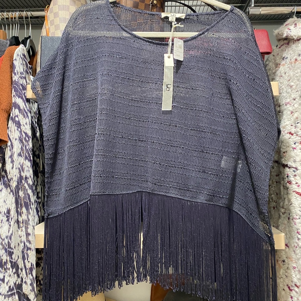 Gray Sheer Poncho with Fringe